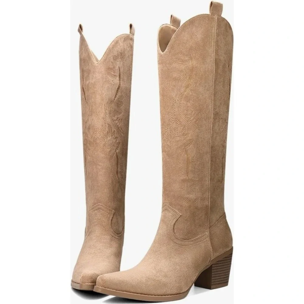 VBDB Womens Beige Faux Suede Western Cowboy‎ Knee High Boots Size 8.5 NEW